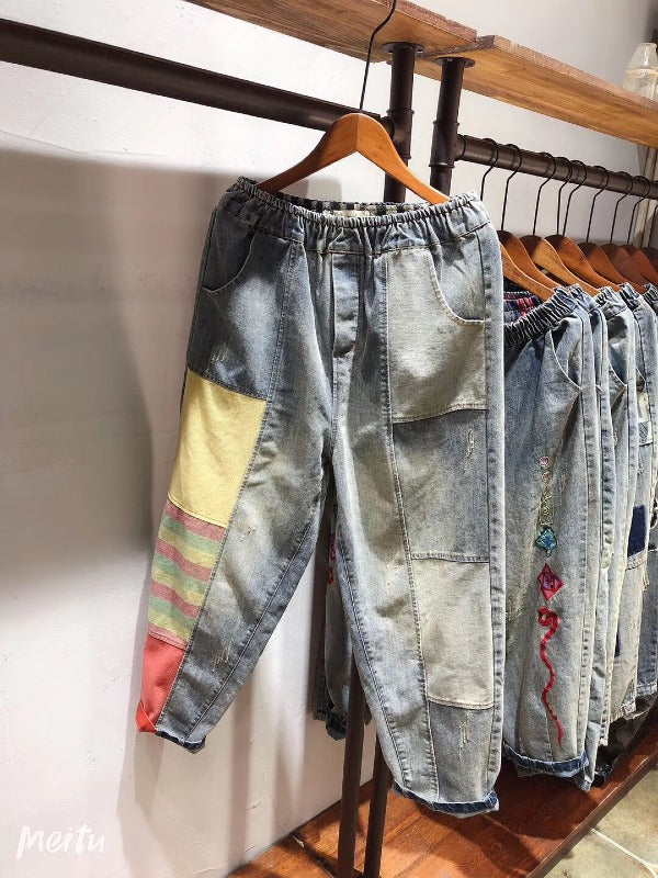 LOOSE SPLIT-JOINT RETRO HIGH-WAIST JEAN PANTS