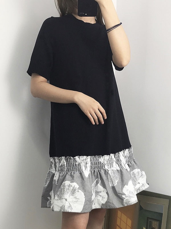 SPLICING FALBALA CONTRAST COLOR DRESS