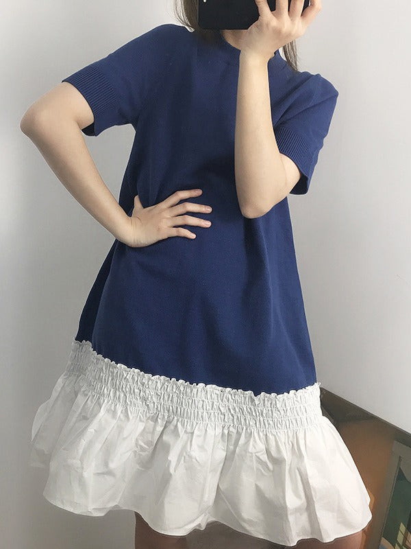 SPLICING FALBALA CONTRAST COLOR DRESS