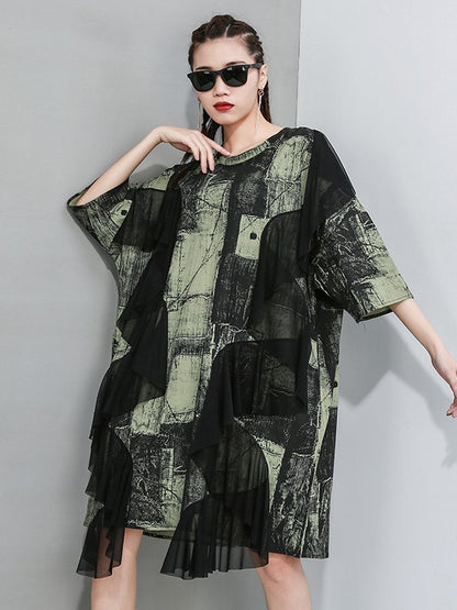 STYLISH CONTRAST COLOR MESH CROPPED SPLICING T-SHIRT