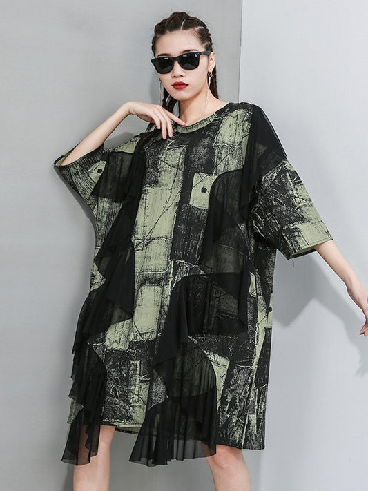 STYLISH CONTRAST COLOR MESH CROPPED SPLICING T-SHIRT