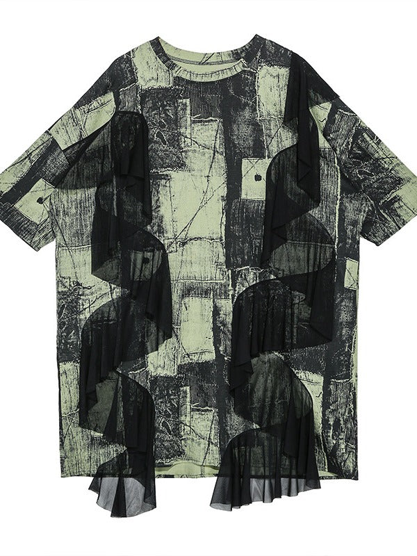 STYLISH CONTRAST COLOR MESH CROPPED SPLICING T-SHIRT