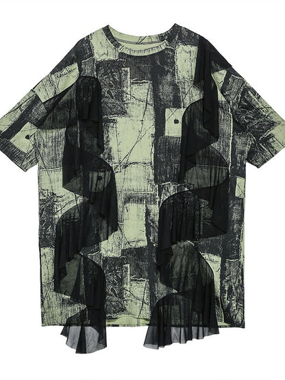 STYLISH CONTRAST COLOR MESH CROPPED SPLICING T-SHIRT