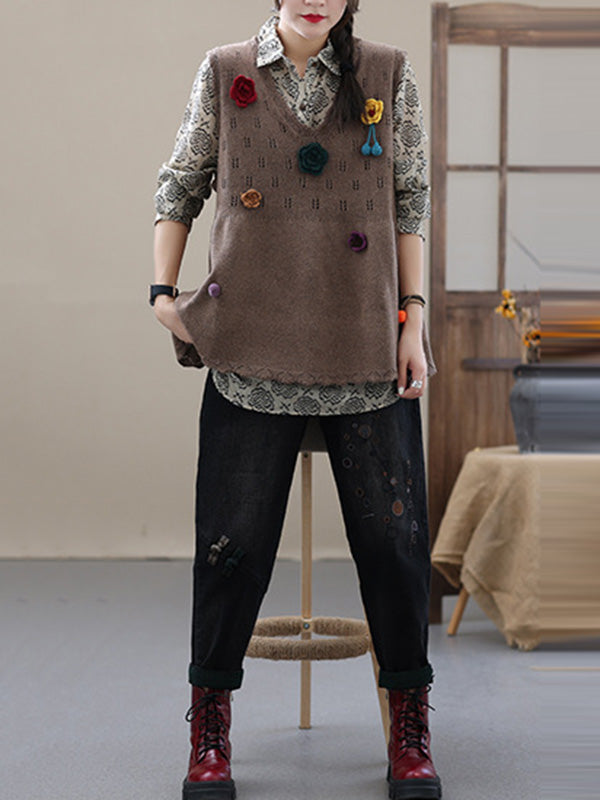 Vintage Knitting Sleeveless Applique V-Neck Vest Top