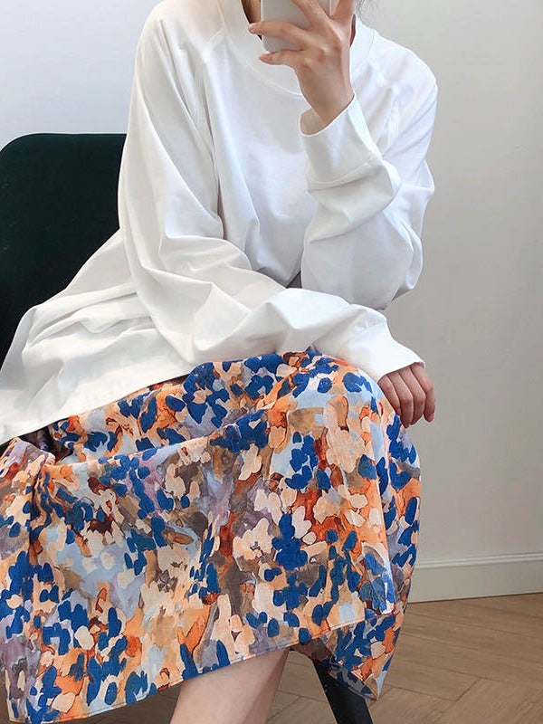 Printed Oil Painting Zipper Skirt