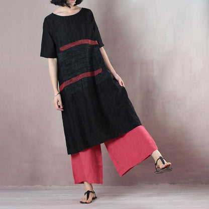 Summer Round Neck Patch Work Stripe Black Dress