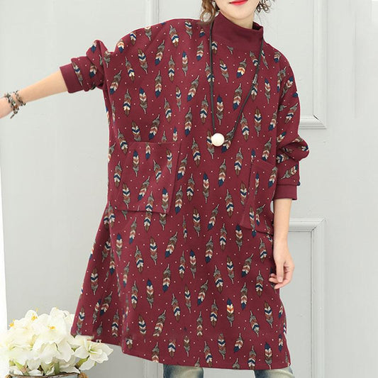 Literature Turtle Leaf Printing Neck Long Sleeves Big Pockets Red Women Dress