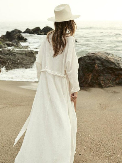 White Long Sleeves Bandage Beach Cover-Ups