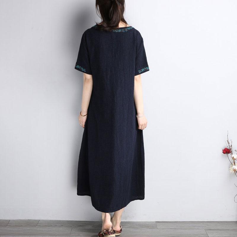Summer Embroidery Short Sleeve Loose Navy Blue Dress