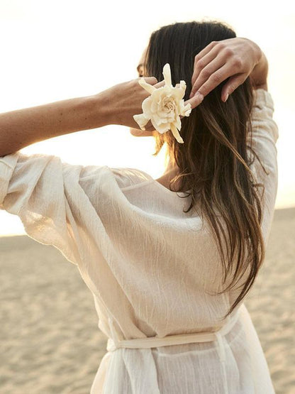 White Long Sleeves Bandage Beach Cover-Ups