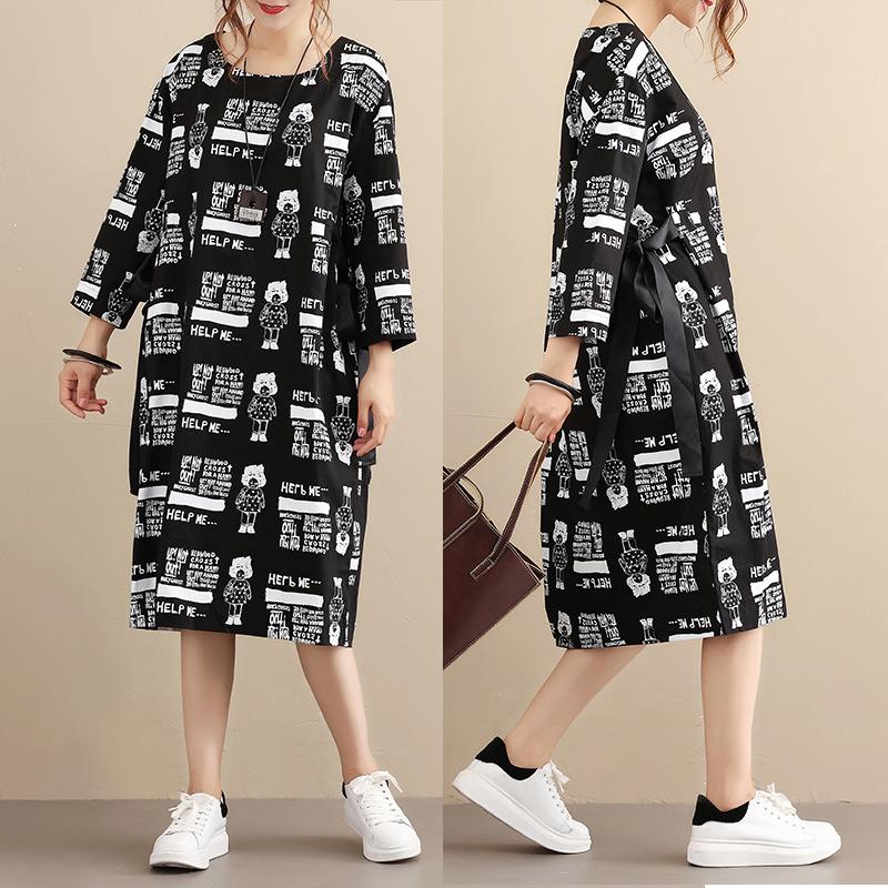Stylish Exotic Printing Women Cotton Long Sleeves Black Dress