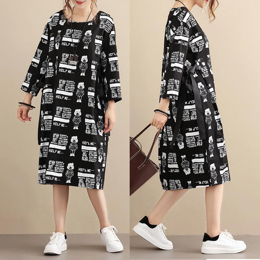 Stylish Exotic Printing Women Cotton Long Sleeves Black Dress
