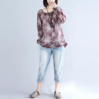 Retro Floral Printed Women Long Sleeve Purple Red Shirt