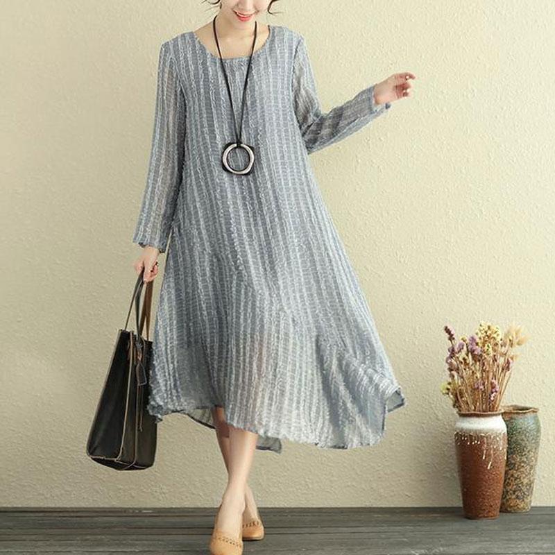 Round Neck Long Sleeve Irregular Lining Gray Women Dress