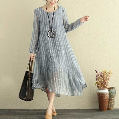 Round Neck Long Sleeve Irregular Lining Gray Women Dress