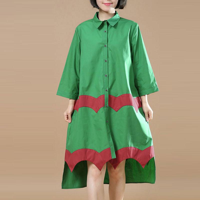 Women Vintage Casual Splicing Summer Irregular Green Shirt Dress