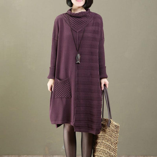 Women Fall Winter Long Sleeve Irregular Purple Sweater Dress