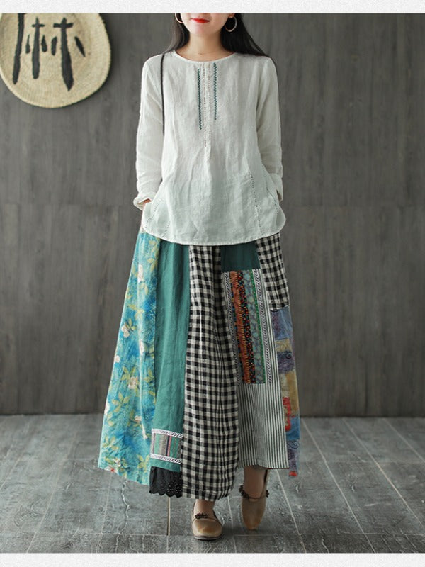 VINTAGE LOOSE CONTRAST COLOR SPLICING A-LINE SKIRT