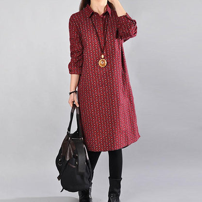 Casual Women Printed Cotton Polyester Dark Red Dress