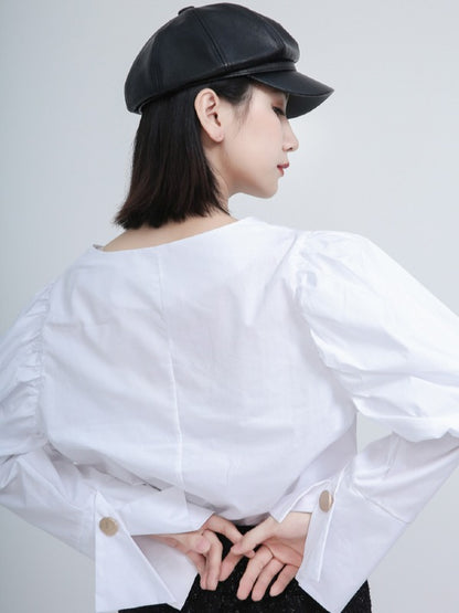 White Puff Sleeve Round Neck Shirt