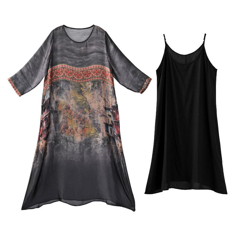 Ethnic Women Loose Round Neck Three Quarter Sleeve Dress