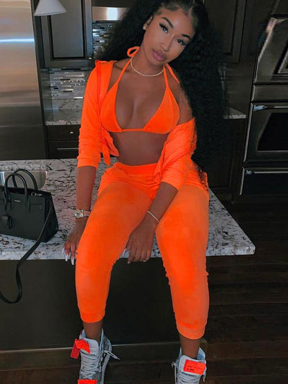 Solid Plush Zipper Hoodies&Pants Sports Suits