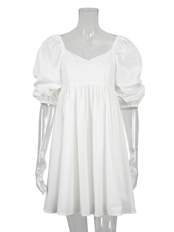 Stylish Split-Joint Pleated Puff Sleeves A-Line Mini Dress