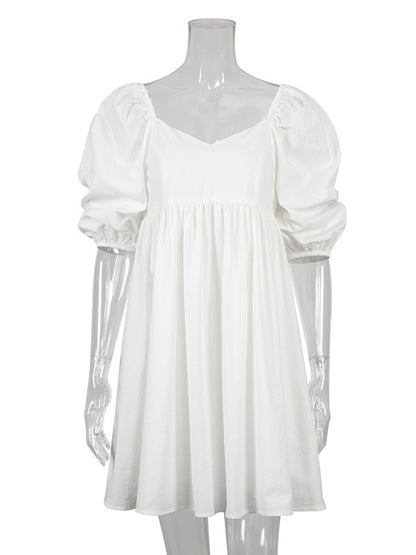 Stylish Split-Joint Pleated Puff Sleeves A-Line Mini Dress