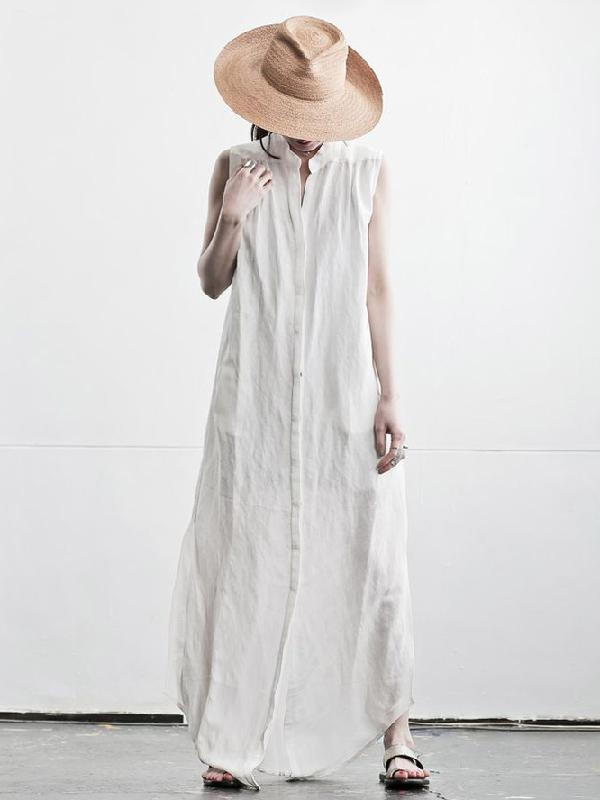 Simple White Sleeveless Stand Collar Long Dress