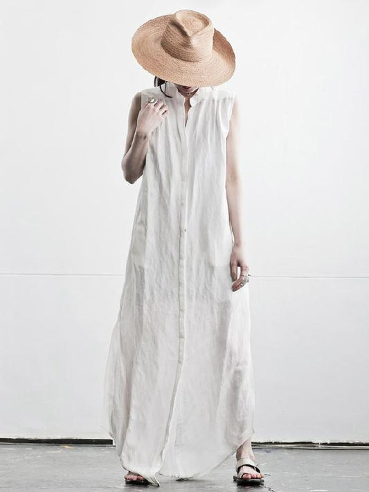 Simple White Sleeveless Stand Collar Long Dress