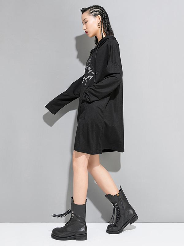 Loose Printed Black Hoodie