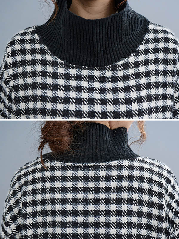 Casual Loose Plaid With Pocket High-Neck Long Sleeves Midi Dress