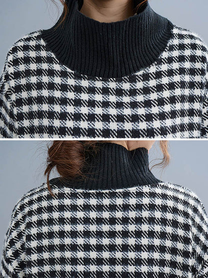 Casual Loose Plaid With Pocket High-Neck Long Sleeves Midi Dress