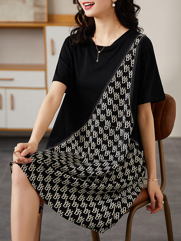 Original Loose Split-Joint Letter Printed Round-Neck Short Sleeves False Two Mini Dress