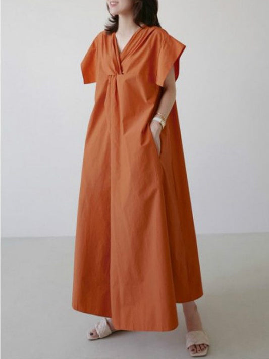 Vintage Solid Color Split-Joint Pleated V-Neck Midi Dress