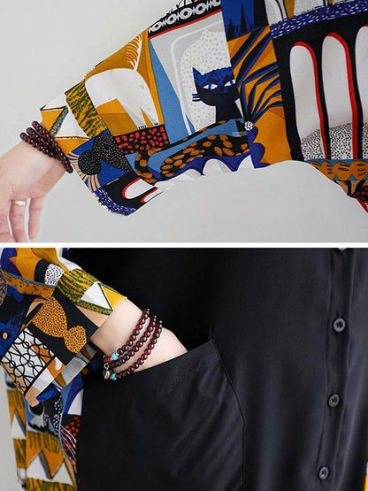 Original Cartoon Printed Round-Neck Shirt Dress