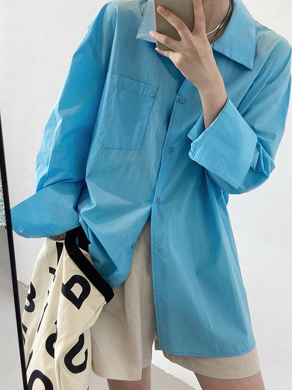 Simple Solid Color Split-Joint With Pocket Buttoned Lapel Collar Long Sleeves Blouse