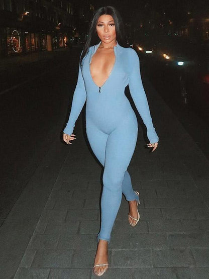 Lift-hip Solid Zipper Jumpsuits