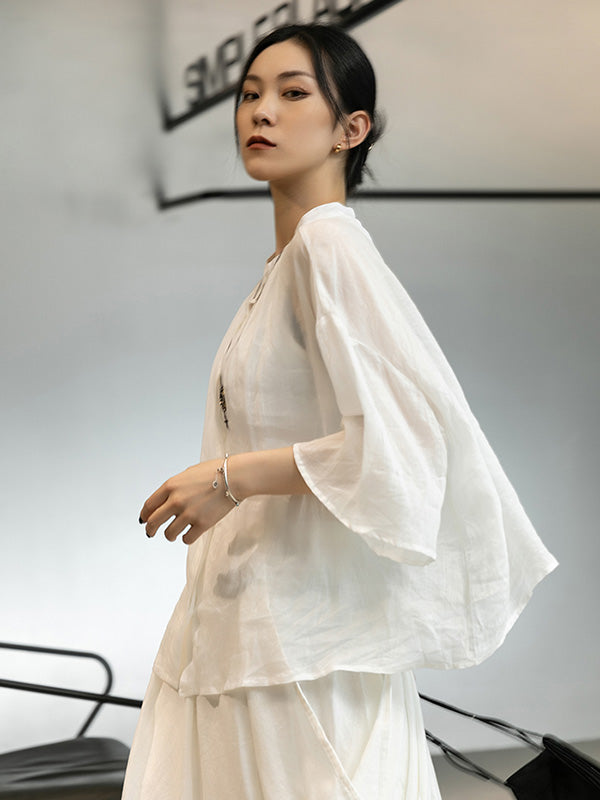 Linen Black&White Round-Neck Flared Sleeves T-Shirt