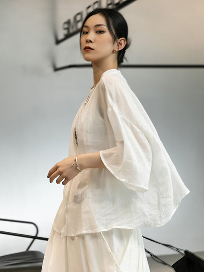 Linen Black&White Round-Neck Flared Sleeves T-Shirt