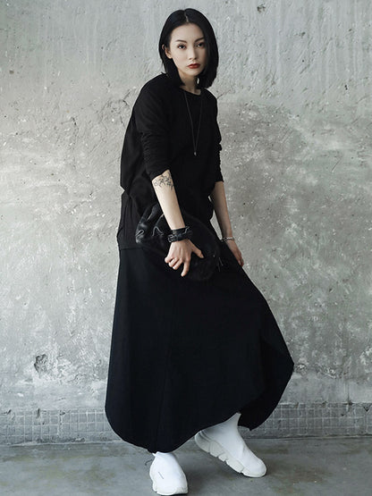 Casual Solid Color Pleated Long Sleeves Round-Neck T-Shirt Tops