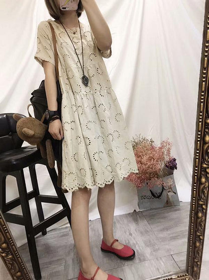 Cotton Vintage Embroidered Hollow Tiered Dress
