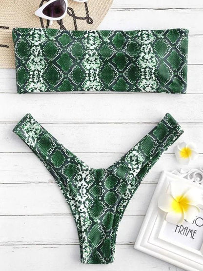 Snakeskin Printed Bandeau Bikinis Swimwear