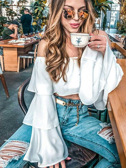 Off-shoulder Flared Sleeve Sexy Blouses&Shirts Top