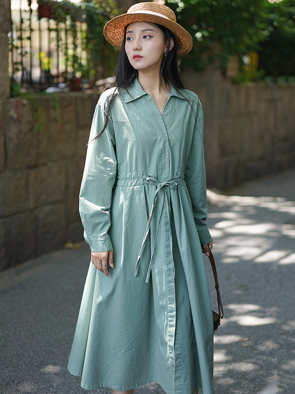 Casual Long Sleeves Loose Drawstring Tied Solid Color Lapel Collar Midi Dresses