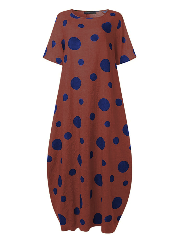 Casual Polka-Dot Batwing Sleeves Round-Neck Maxi Dress