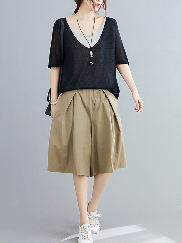 Casual Solid Color Elasticity Waist Wide Leg Shorts