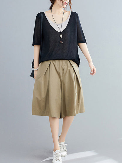 Casual Solid Color Elasticity Waist Wide Leg Shorts