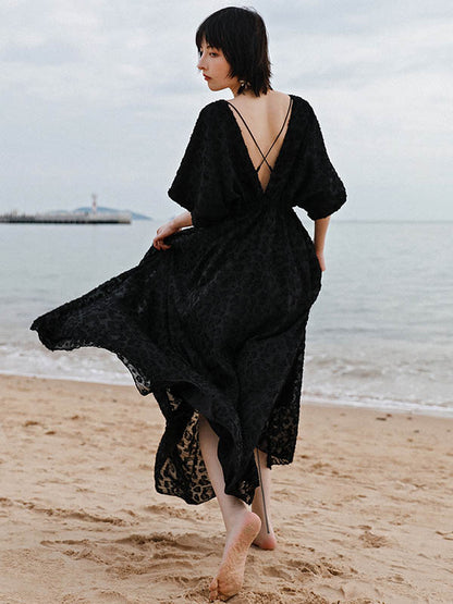 Stylish Solid Color Hollow Embroidered Mesh Backless Split-Side V-Neck Half Sleeves Maxi Dress