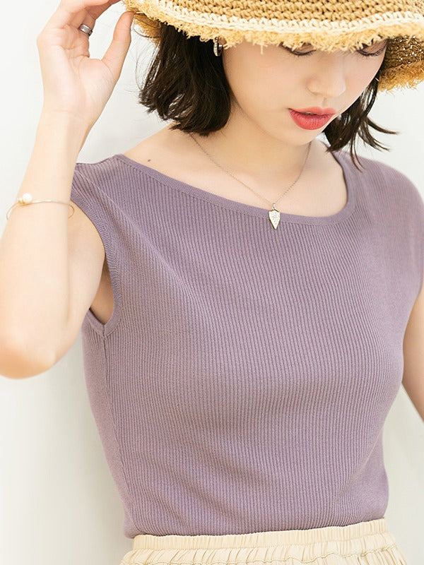 SOLID COLOR SLEEVELESS ROUND NECK T-SHIRT